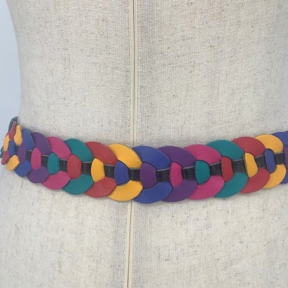 Vintage Multicolor Leather Belt Braided Colorblock 80s 90s Boho Retro Maximalist
